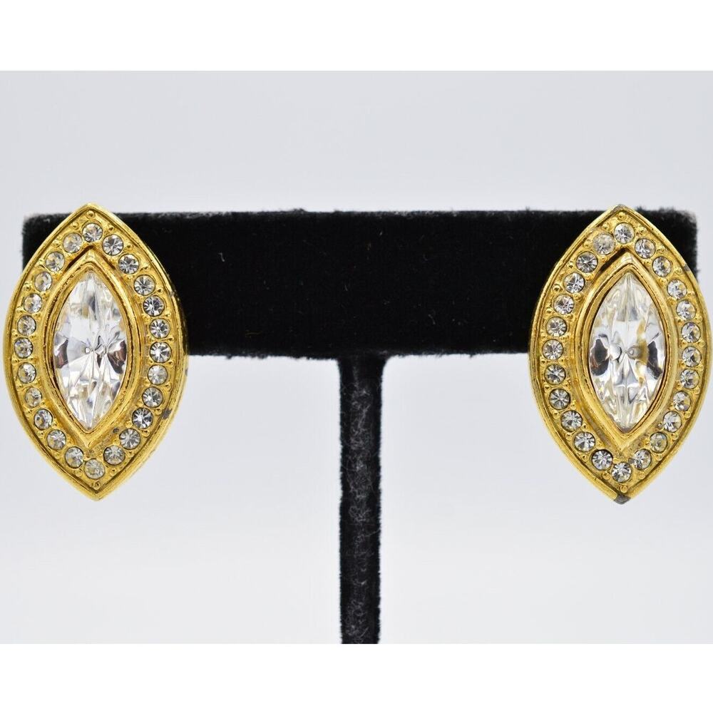 Vintage Marquise Crystal Clip On Earrings Gold Rhinestone Shiny 80s 1980s BinAA